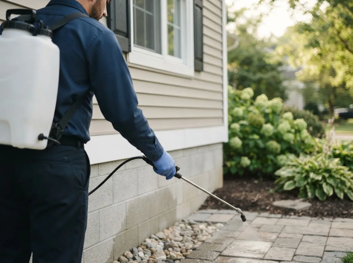 Pest control technician inspecting a home in Raiford, FL